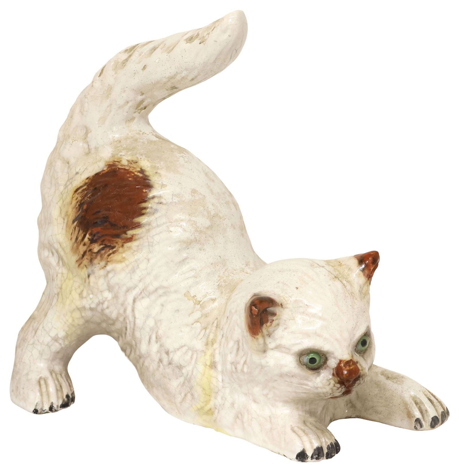 BAVENT (ATTRIB.) FRENCH FAIENCE POTTERY ROOF RIDGE FIGURE, POUNCING CAT (1 of 5)