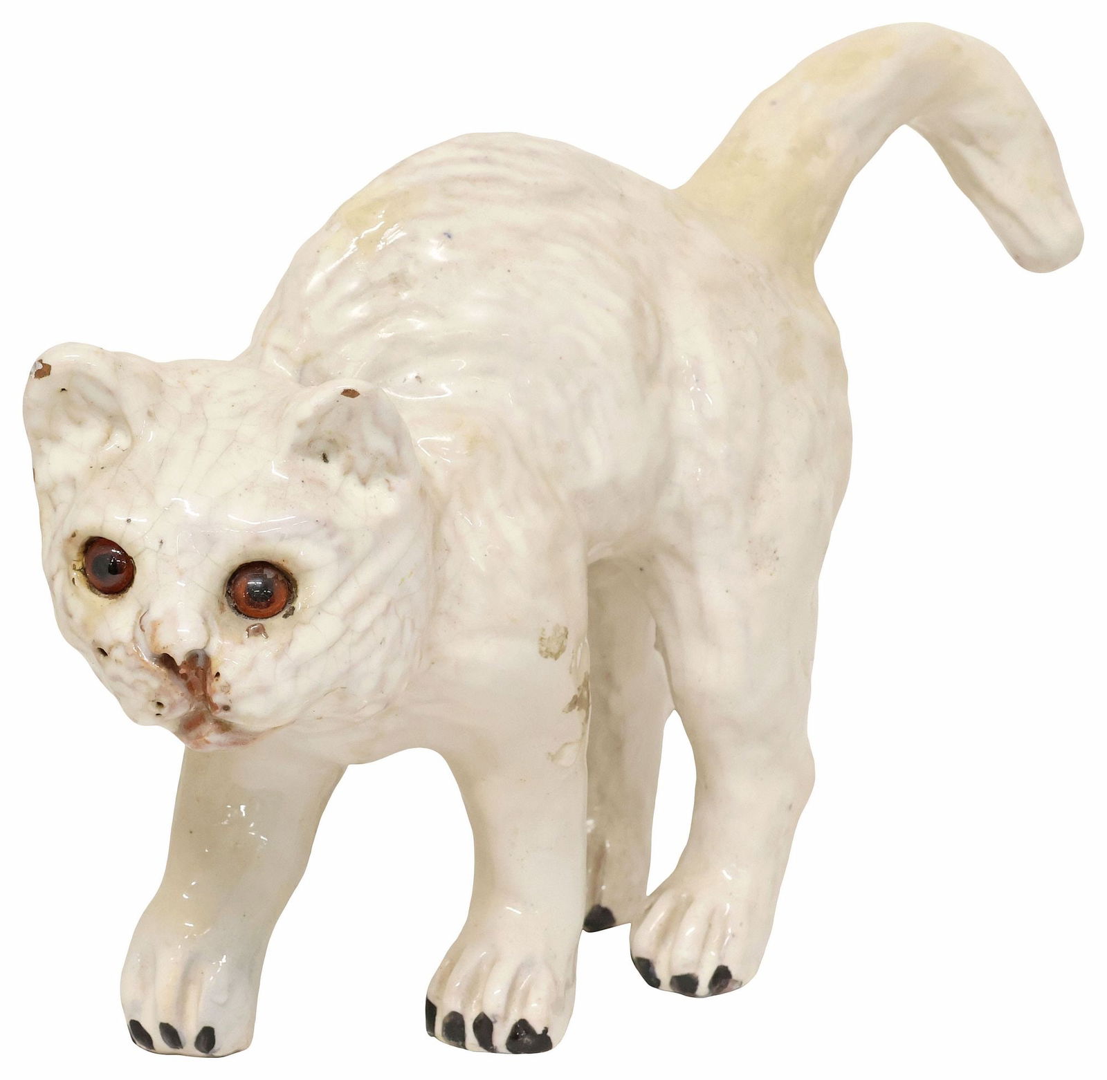 BAVENT (ATTRIB.) FRENCH FAIENCE POTTERY ROOF RIDGE FIGURE, SCAREDY CAT: French tin-glazed terracotta "epis de faitage" or roof ridge animal figure, attributed to Poterie du Mesnil de Bavent, Normandy, late 19th c., modeled as a scaredy cat arching its back, with inset gla