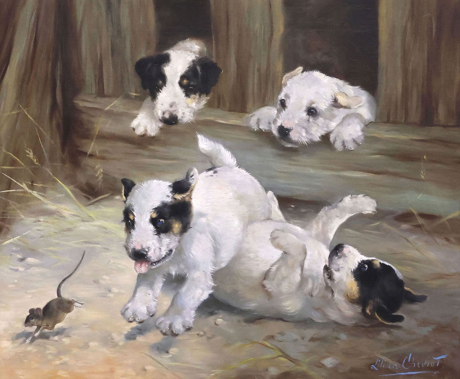 LILIAN CHEVIOT (BRITISH, D.1936) PAINTING, TERRIER PUPPIES CHASING A MOUSE: Framed oil on canvas painting, Fox Terrier Puppies Chasing a Mouse, signed lower right Lilian Cheviot (British, 1876-1936), canvas relined, sight: approx 19 5/8"h, 23 5/8"w, overall: approx 27.25"h, 3