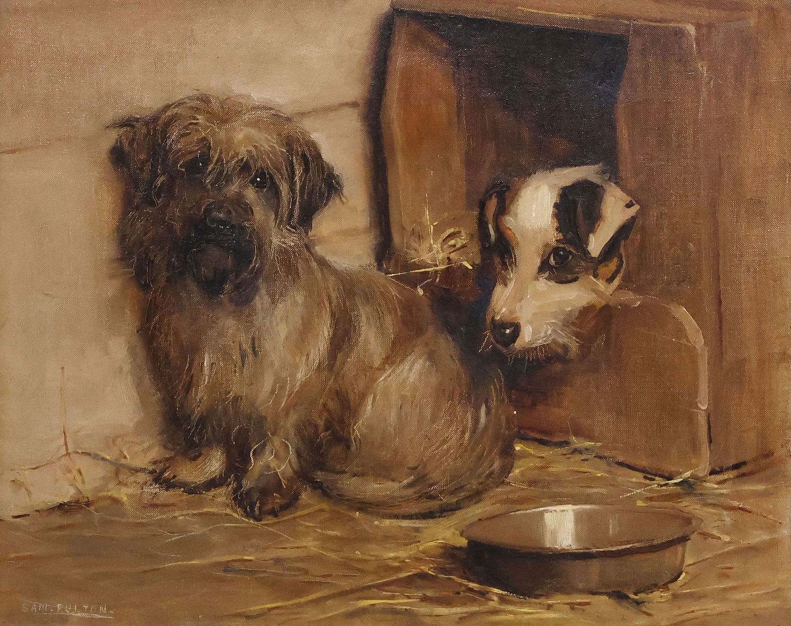 SAMUEL FULTON (SCOTTISH, 1855-1941) TERRIERS PAINTING, BEST FRIENDS: Framed oil on canvas painting, Dandie Dinmont and Jack Russell Terriers, signed lower left Sam Fulton (Samuel Fulton, Scottish, 1855-1941), sight: approx 15.75"h, 19.75"w, overall: approx 23.5"h, 27.5
