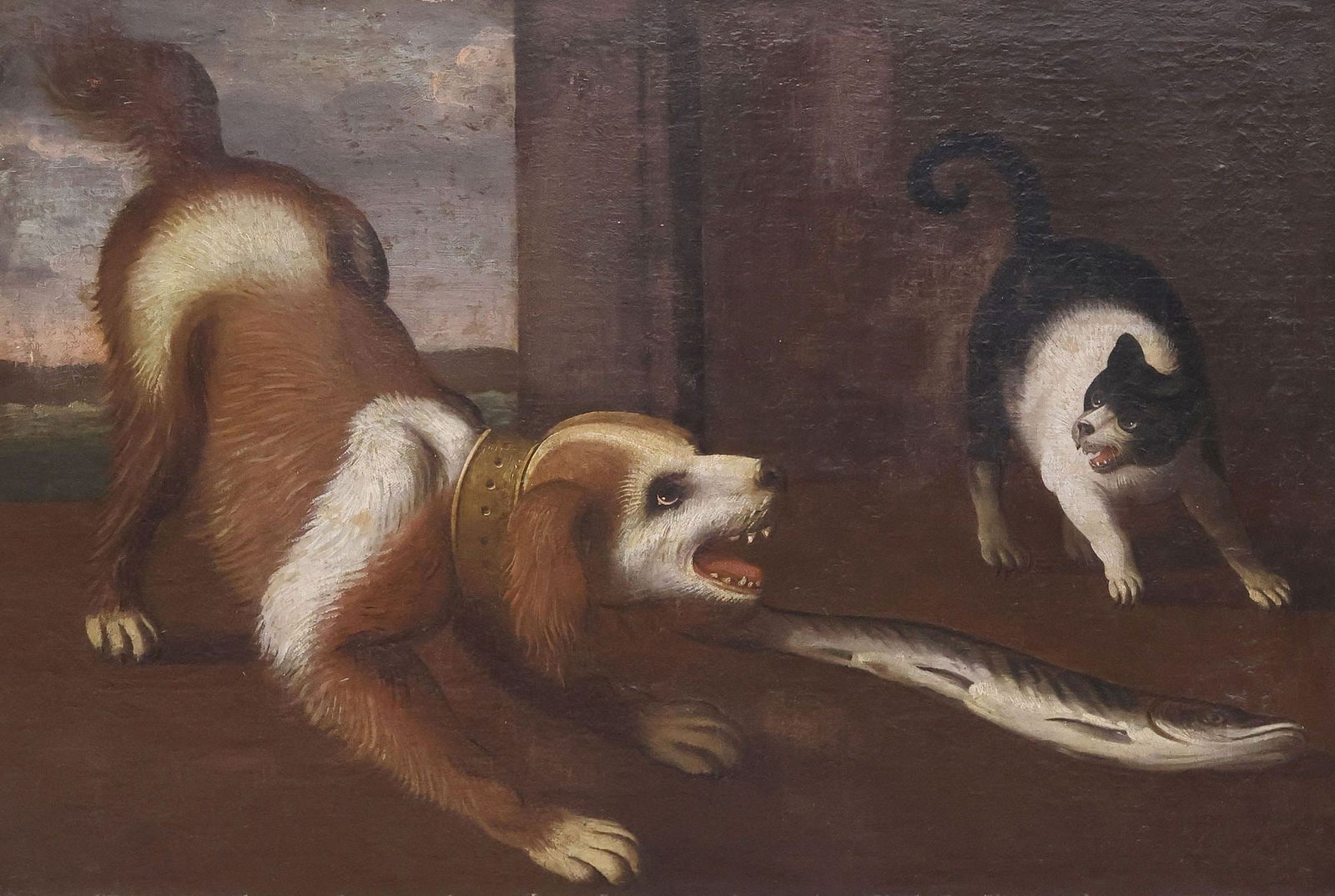 CONTINENTAL SCHOOL (18TH C.) PAINTING, CAT & DOG FIGHTING OVER FISH, 29" X 42": Framed Continental School oil on canvas painting, Cat and Dog Brawling Over a Fish, apparently unsigned, patched repair near lower right corner, canvas likely relined, sight: approx 28.5"h, 42"w, over