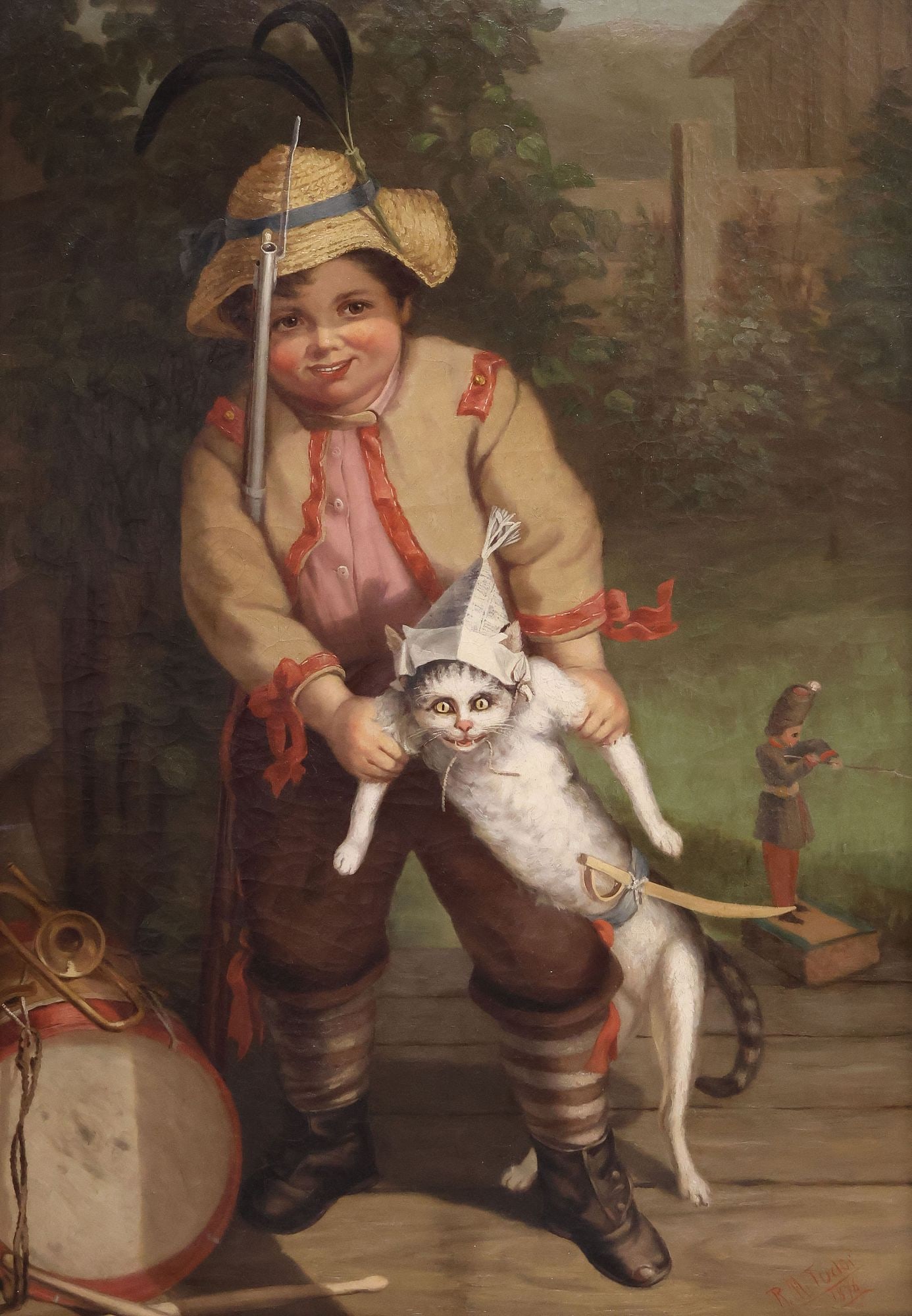 ROBERT M. TUDOR (AMERICAN, 19TH C.) GENRE PAINTING, WHIMSICAL PORTRAIT OF A BOY: Framed oil on canvas painting, Boy Playing with Cat and Toy Soldiers, signed lower right R.M. Tudor (Robert M. Tudor, Pennsylvania, 19th c.), dated 1876, canvas relined, overall stable craquelure, sig