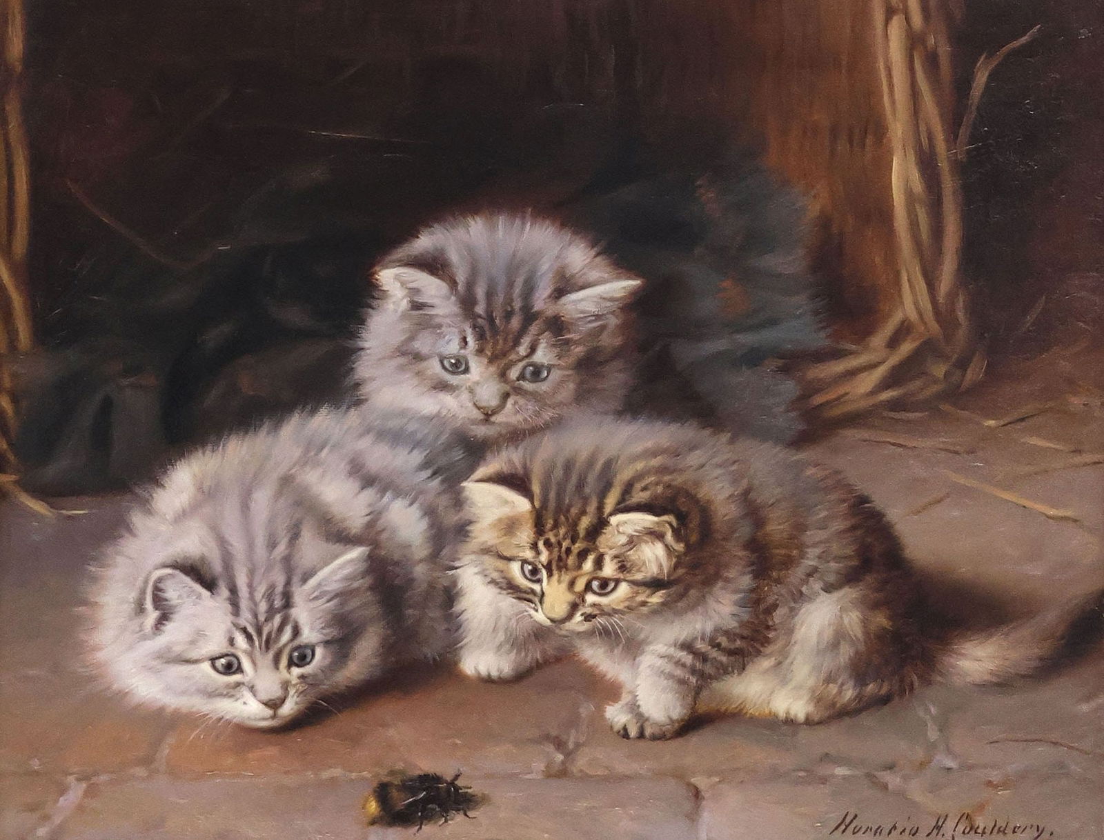 HORATIO H. COULDERY (ENGLISH, D.1918) PAINTING, CURIOUS CATS & BUMBLEBEE: Framed oil on canvas painting, Curiosity Stung the Cat, signed lower right Horatio H. Couldery (Horatio Henry Couldery, English, 1832-1918), retaining Guarisco Gallery, Washington D.C. label verso, ho