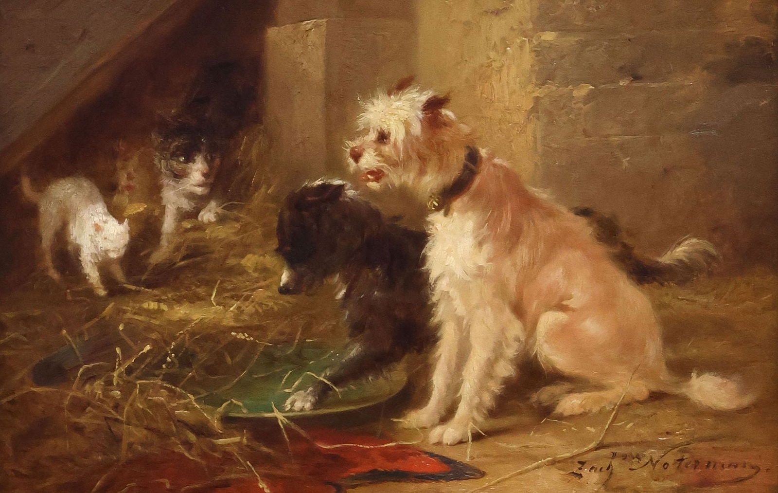 ZACHARIE NOTERMAN (BELGIAN, D.1890) DOGS & CATS PAINTING, UNEXPECTED GUESTS: Framed oil on panel painting, The Unexpected Guests, signed lower right Zacharie Noterman (alternatively spelled Zacharias Notermann, Belgian, c.1820-1890), retaining William Secord Gallery, New York
