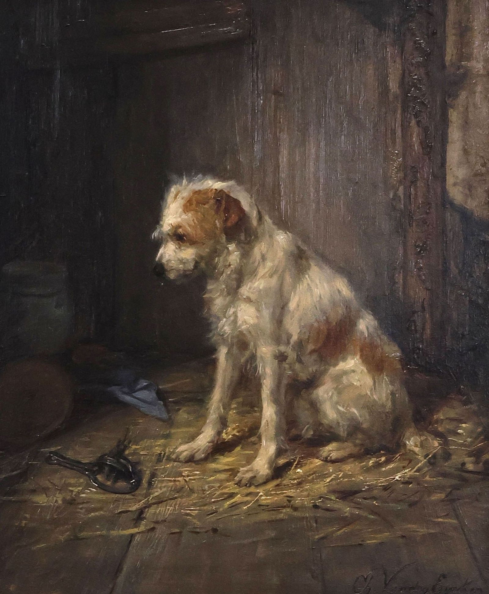 CHARLES II VAN DEN EYCKEN (BELGIAN, 1859-1923) OIL PAINTING, SEATED DOG: Framed oil on board painting, Seated Dog with Mouse Trap, signed lower right Ch. Van den Eycken (Charles Van Den Eycken the Younger, Belgian, 1859-1923), retaining William Secord Gallery, New York, la