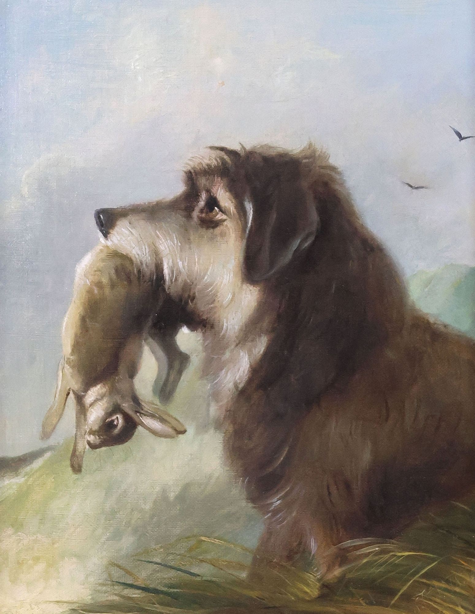 AFTER RICHARD ANSDELL (D.1885) OIL PAINTING OF A TERRIER & RABBIT: Framed oil on canvas painting, "Lurcher and Rabbit," after Richard Ansdell (British, 1815-1885), initialed lower right JKP, sight: approx 19"h, 16.5"w, overall: approx 19"h, 16.5"w, 6.5lbs **Provenanc