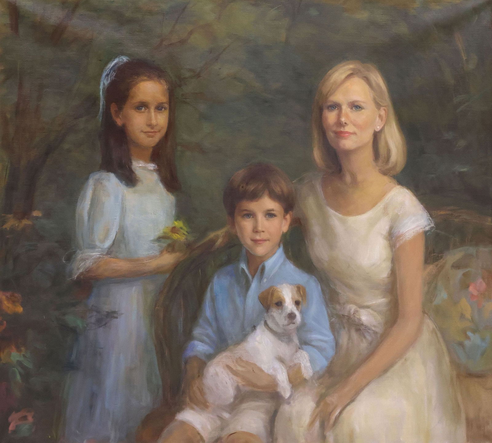 SIGNED OIL ON CANVAS PAINTING, FAMILY PORTRAIT WITH DOG, 40"X 44.5": Framed oil on canvas painting, Family Portrait with Dog in a Wooded Landscape, illegibly signed lower right Au(?), sight: approx 39.5"h, 43.75"w, overall: approx 42.25"h, 46.5"w, 14lbs **Provenance: t