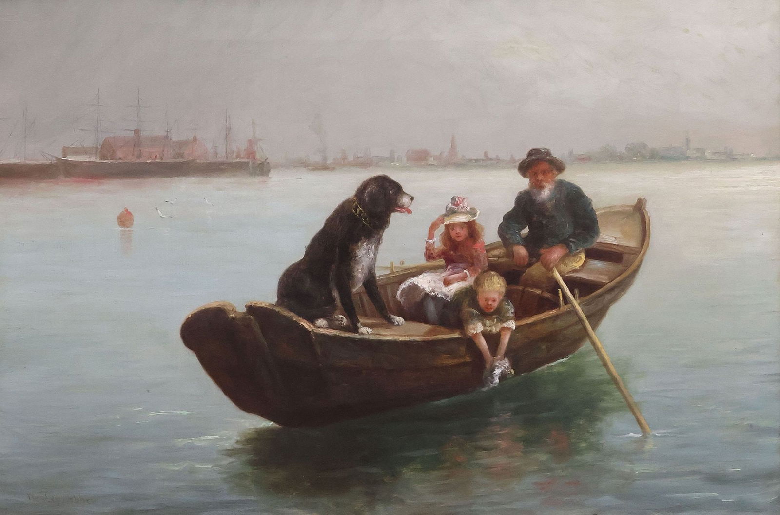 WESLEY WEBBER (1839-1914) NEW ENGLAND HARBOR FISHING PAINTING, 20" X 30": Framed oil on canvas painting, "Fisherman's Nets," signed lower left Wesley Webber (Massachusetts, New York, 1839-1914), patch repair to canvas at upper right quadrant, sight: approx 19.75"h, 29.5"w,