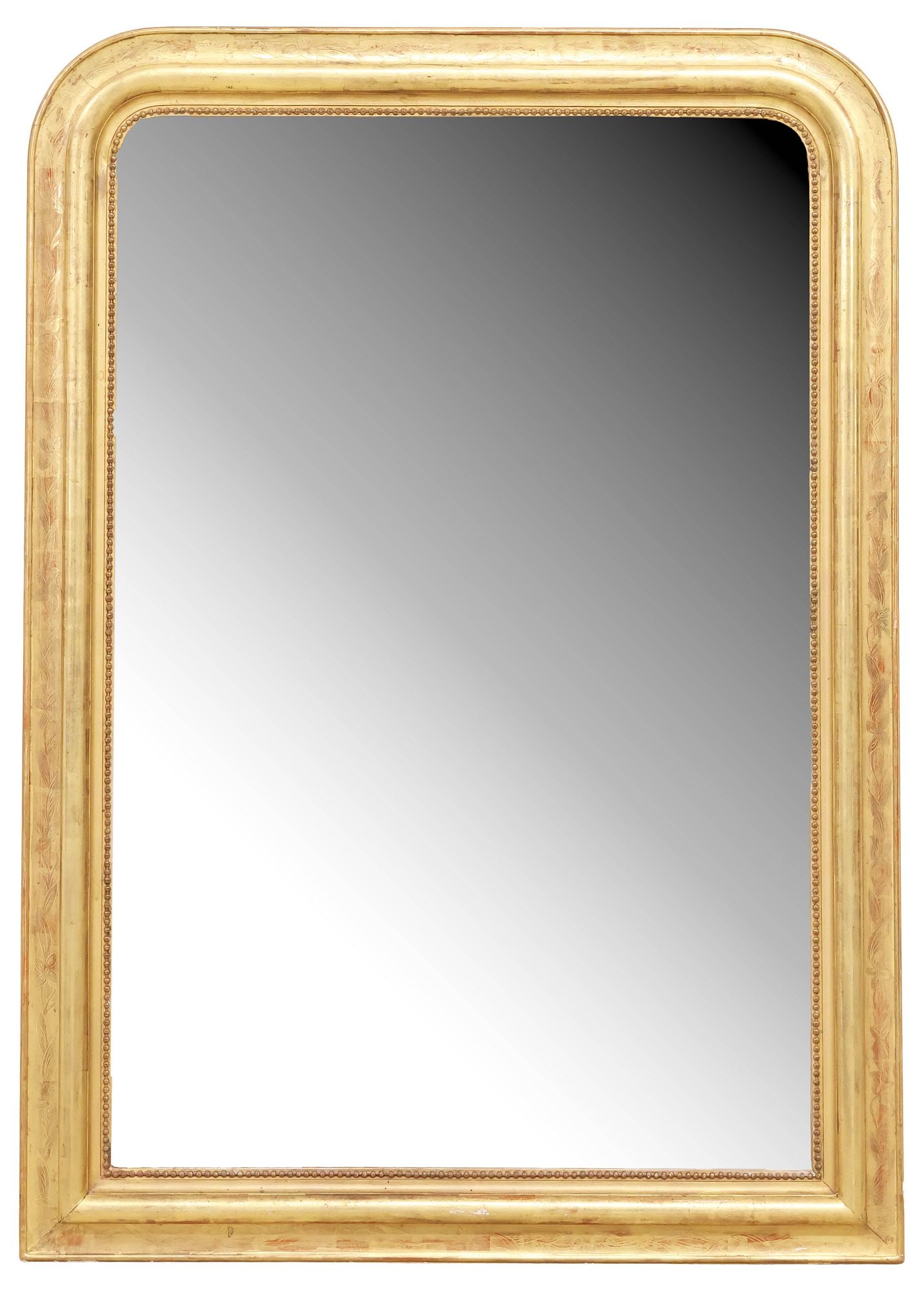 FRENCH LOUIS PHILIPPE PERIOD GILTWOOD MIRROR, 50"H: French Louis Philippe period giltwood wall mirror, mid 19th c., having arched frame with incised foliate motifs and beaded trim, encasing flat mirror plate, approx 50"h, 35"w, 42lbs