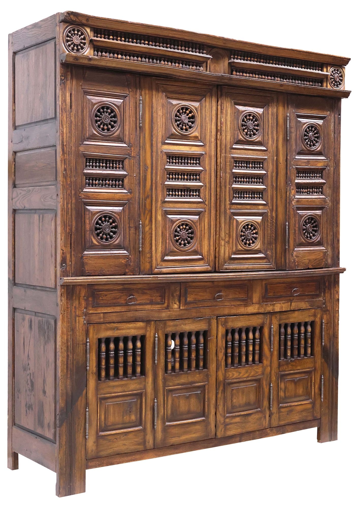 LARGE FRENCH BRETON CARVED & SPINDLED OAK CABINET (1 of 4)