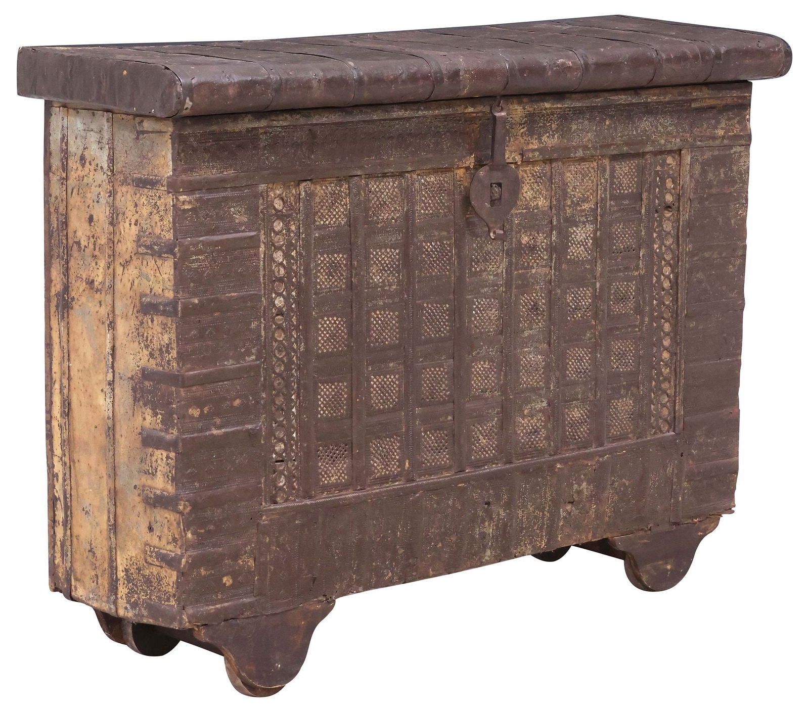 NARROW IRON-BANDED & BRASS-CLAD DOWRY CHEST ON WHEELS, INDIA (1 of 5)