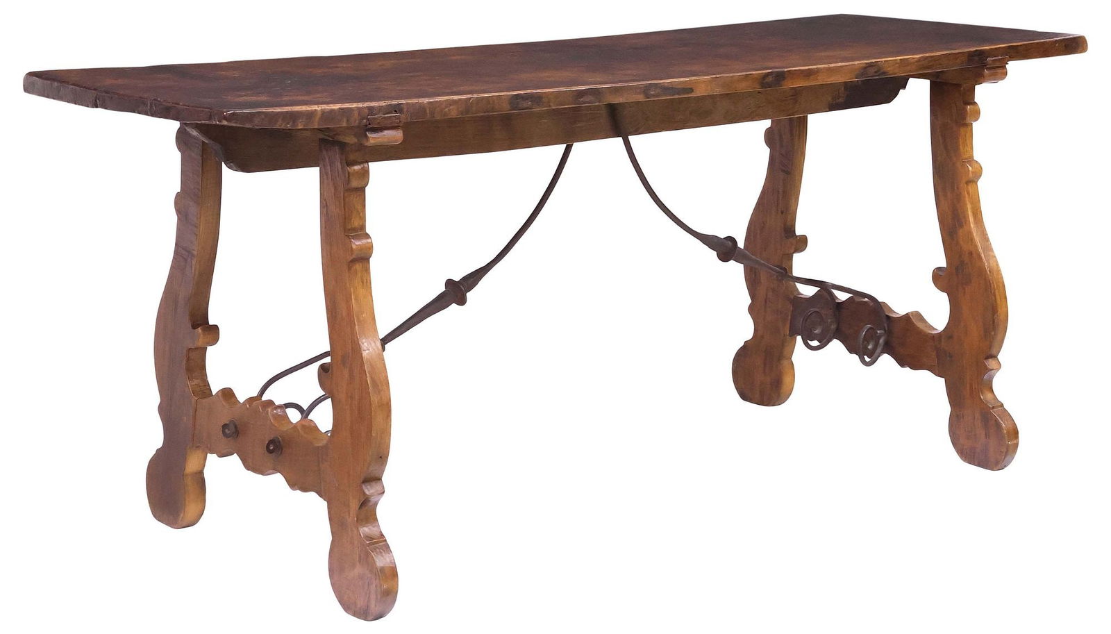 SPANISH BAROQUE STYLE SINGLE-BOARD TOP OAK TRESTLE TABLE, 76"L (1 of 4)