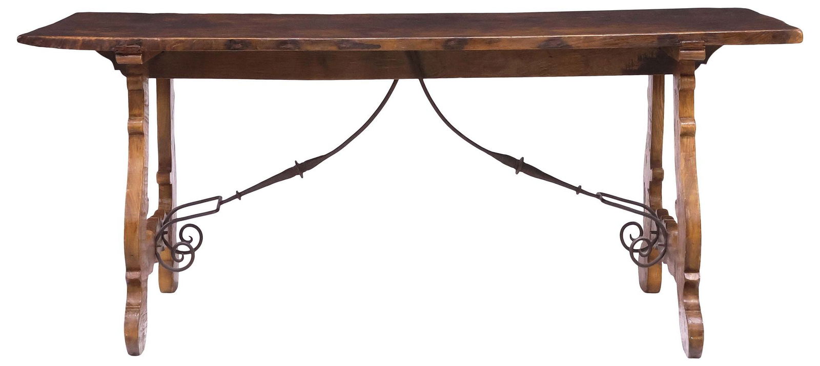 SPANISH BAROQUE STYLE SINGLE-BOARD TOP OAK TRESTLE TABLE, 76"L - 2