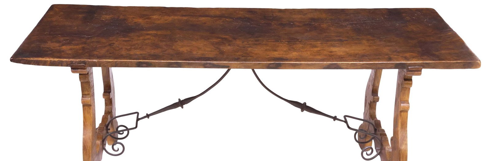 SPANISH BAROQUE STYLE SINGLE-BOARD TOP OAK TRESTLE TABLE, 76"L - 3