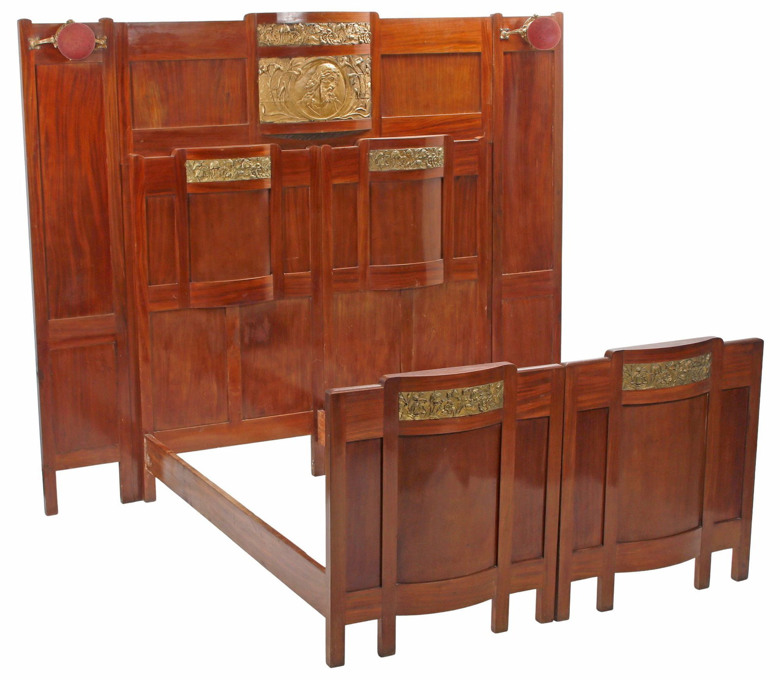 LARGE ITALIAN ART NOUVEAU BRONZE-MOUNTED MAHOGANY BED: Palatial Italian Art Nouveau mahogany bed, early 20th c., with bronze dore mounts, having paneled headboard with central portrait plaque, depicting Christ in side profile, framed by flowers and