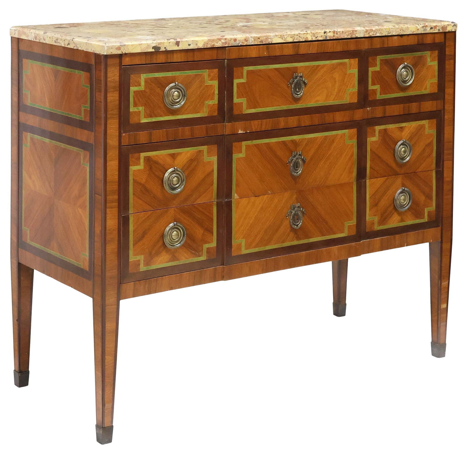 FRENCH NEOCLASSICAL STYLE MARBLE-TOP MATCHED VENEER COMMODE: French Neoclassical style commode, early 20th c., having marble top, over case with green line inlay and banded trim, fitted with three small drawers, over two full-length drawers, rising on tapered