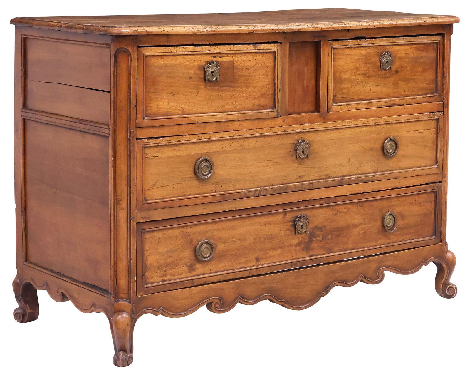 FRENCH PROVINCIAL LOUIS XV STYLE WALNUT COMMODE, 18TH C.: French provincial Louis XV style walnut commode, 18th c.,¬†having two short drawers, flanking a narrow secret compartment, over two long drawers, scrolled apron, rising on short cabriole legs, typi