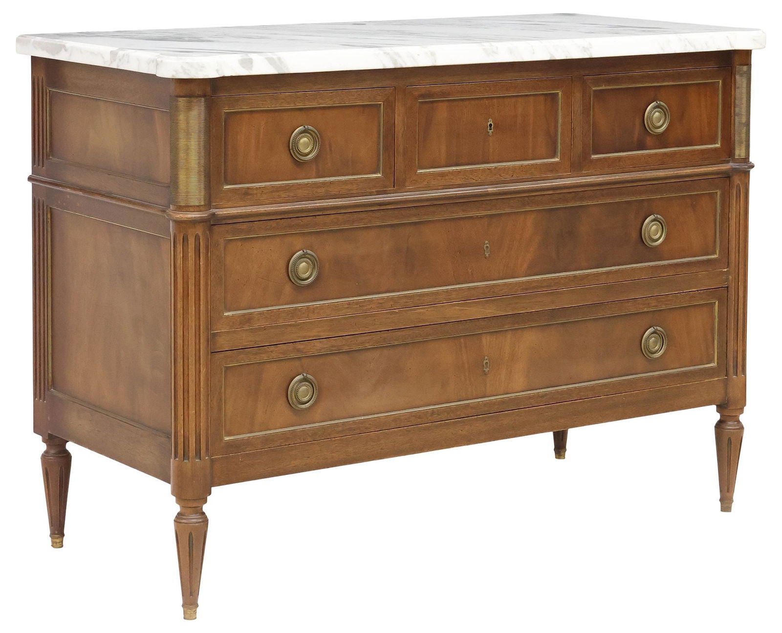 FRENCH LOUIS XVI STYLE MARBLE-TOP MAHOGANY COMMODE: French Louis XVI style mahogany commode, early 20th c., having shaped marble top, above five drawers, flanked by fluted corner posts, rising on tapering legs, ending on brass cap feet, approx 32/75"h,