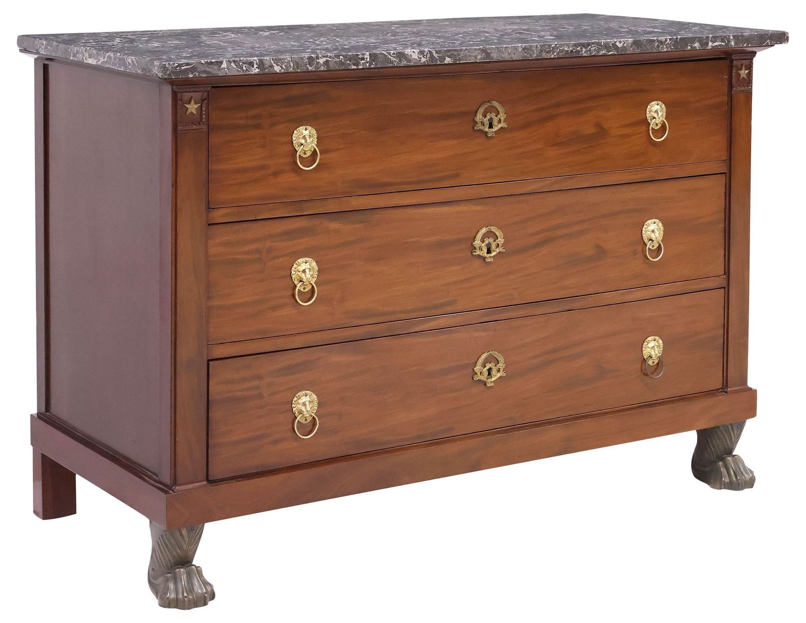 FRENCH EMPIRE STYLE MARBLE-TOP MAHOGANY COMMODE ON BRONZE PAW FEET: French Empire style mahogany commode, 19th c., having rectangular marble top, over three drawers with lion mask and captured ring pulls, rising on front patinated bronze paw feet, approx 35"h,
