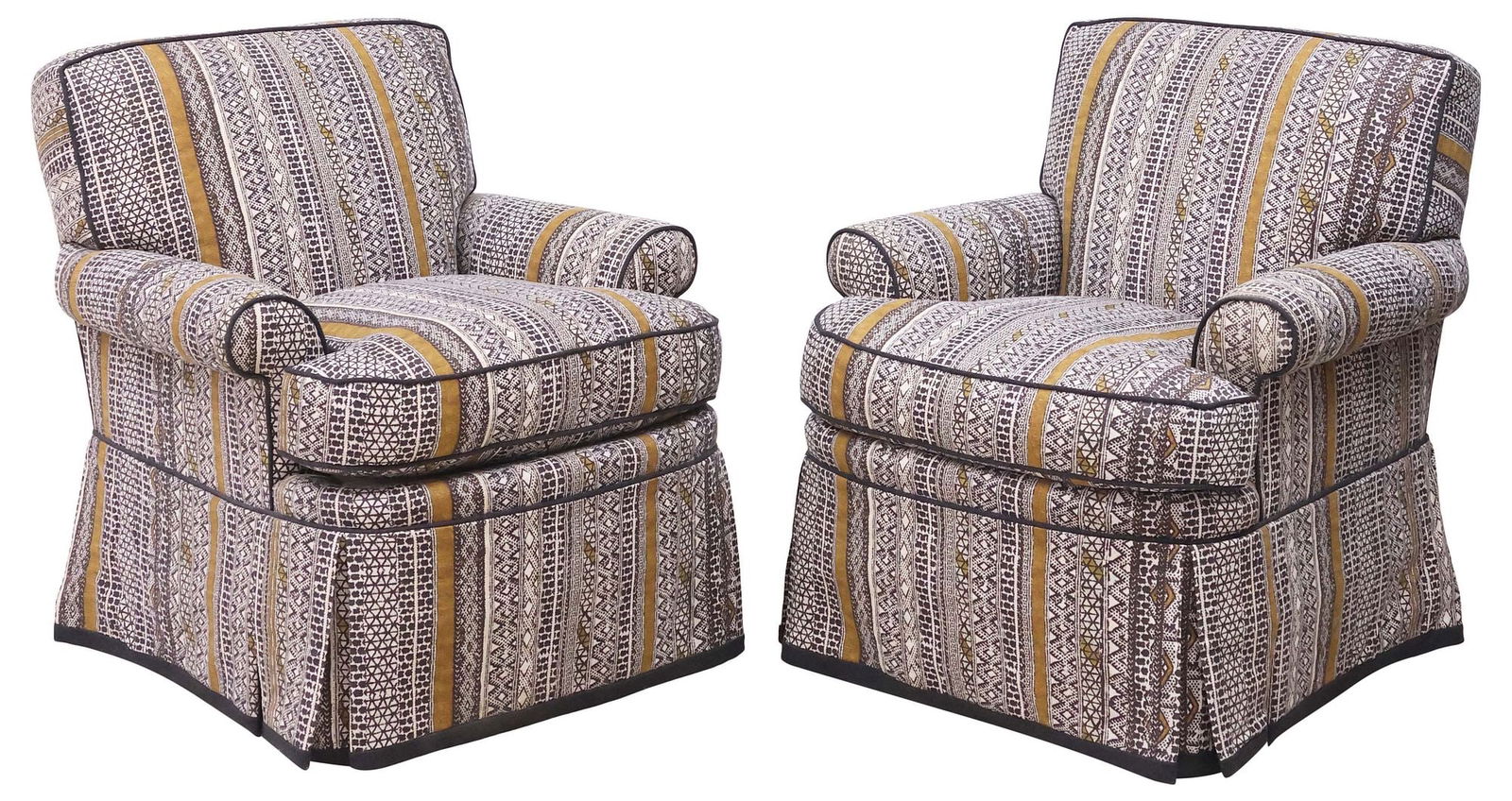 (2) CONTEMPORARY CUSTOM-UPHOLSTERED PATTERNED LOUNGE CHAIRS: (pair) Contemporary armchairs, 20th/ 21st c., custom upholstered in Wilson-Babb Incorporated Moroccan-style fabric, black trim, each having square back, over rolled arms, and removable seat cushion, s