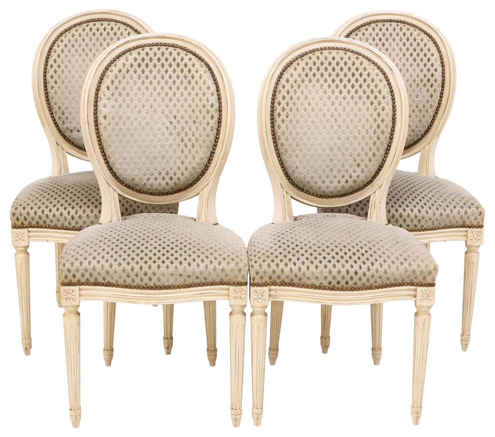 (4) FRENCH LOUIS XVI STYLE WHITE-PAINTED & UPHOLSTERED CHAIRS: (lot of 4) Louis XVI style white-painted side chairs, having padded backs, seats, and arms in a patterned icy blue fabric upholstery, nail head trim, rising on tapering fluted legs, approx 36.75"h,
