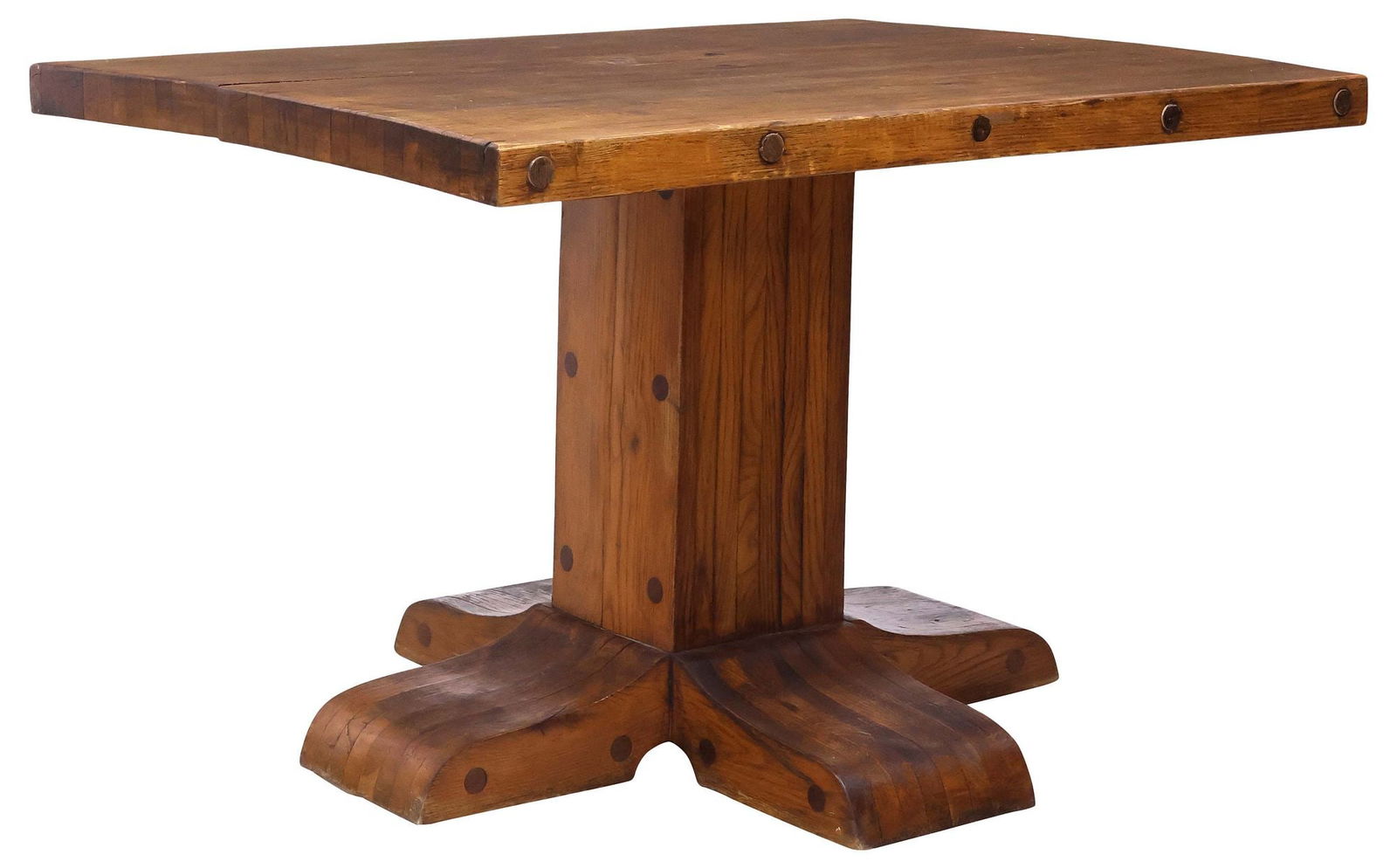 AMERICAN CRAFTSMAN OAK PEDESTAL DINING TABLE: American Arts and Crafts oak dining table, New York, c.1920s, having rectangular plank top, rising on square standard, ending on quadripartite base, approx 30"h, 49"w, 36"d, bottom of apron to floor: