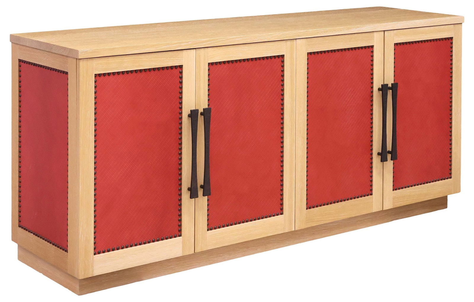 CUSTOM ROBERT JOHNSON FURNITURE OAK & LEATHER CREDENZA / SIDEBOARD: American custom-made oak credenza/ sideboard, a custom design by Robert Johnson Furniture, Memphis, Tennessee, 21st c., the rectangular case with four doors and paneled sides, each inset with textured