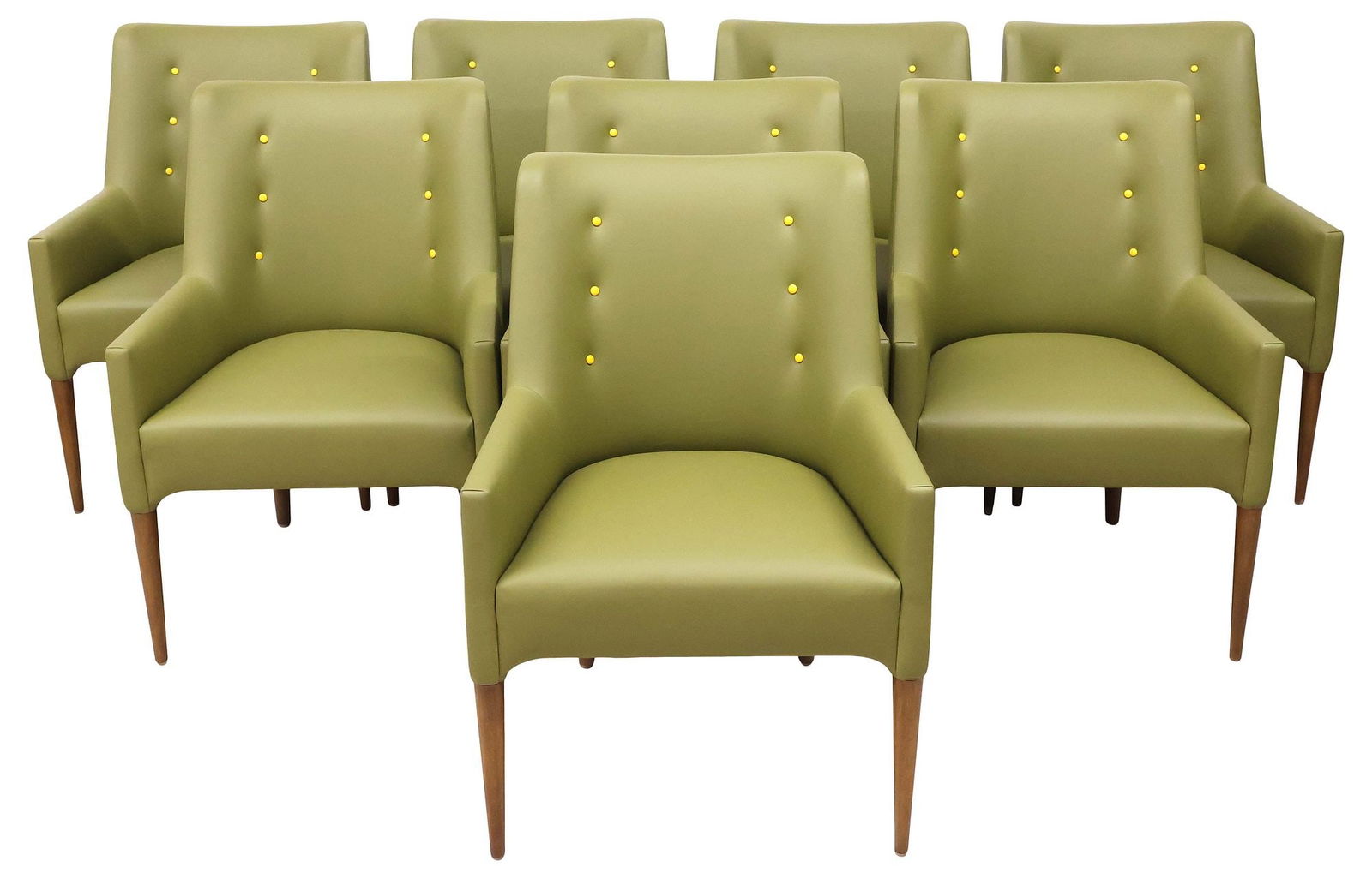(8) DENNIS MILLER (ATTRIB.) CUSTOM-UPHOLSTERED LEATHER DINING CHAIRS: (lot of 8) Contemporary upholstered dining chairs, attributed to Dennis Miller New York, 21st c., curvilinear frames in a custom Quintas olive green leather upholstery with yellow buttons, on tapered