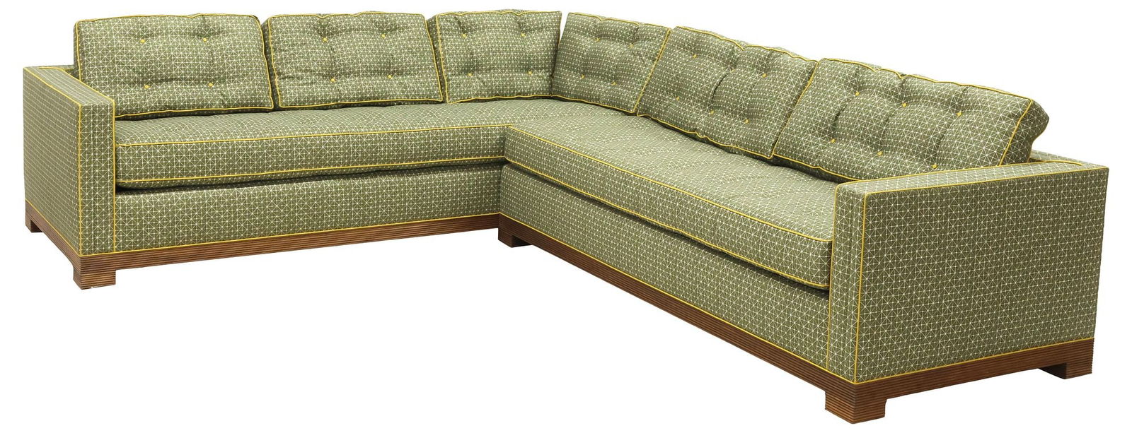 A. RUDIN CUSTOM-UPHOLSTERED & REEDED CHAISE SECTIONAL SOFA: Contemporary designer sectional, A. Rudin, 21st c., in a button-tufted custom linen upholstery by Zak and Fox, in the "Fanorona" pattern, olive green colorway ZFFN-04, yellow corded piping, rising on