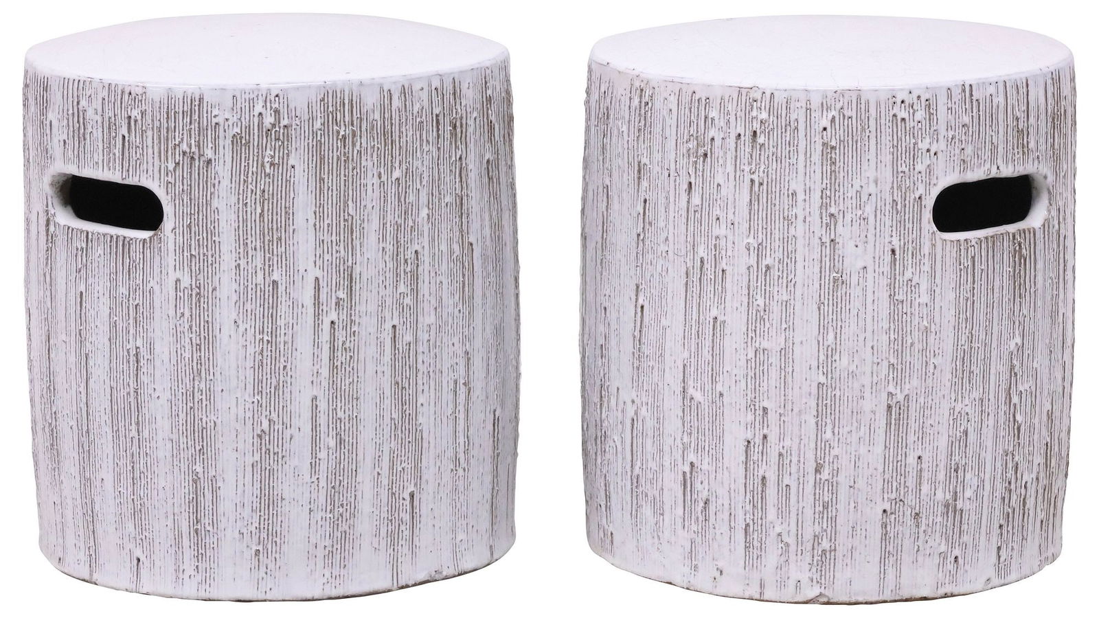 (2) CONTEMPORARY KIEL WHITE-GLAZED STONEWARE GARDEN STOOLS: (pair) Contemporary Kiel glazed stoneware garden stools, circular top over drum-form body, textured striated sides resembling tree bark, with dual handle openings, approx 16.5"h, 15"diam **Provenance: