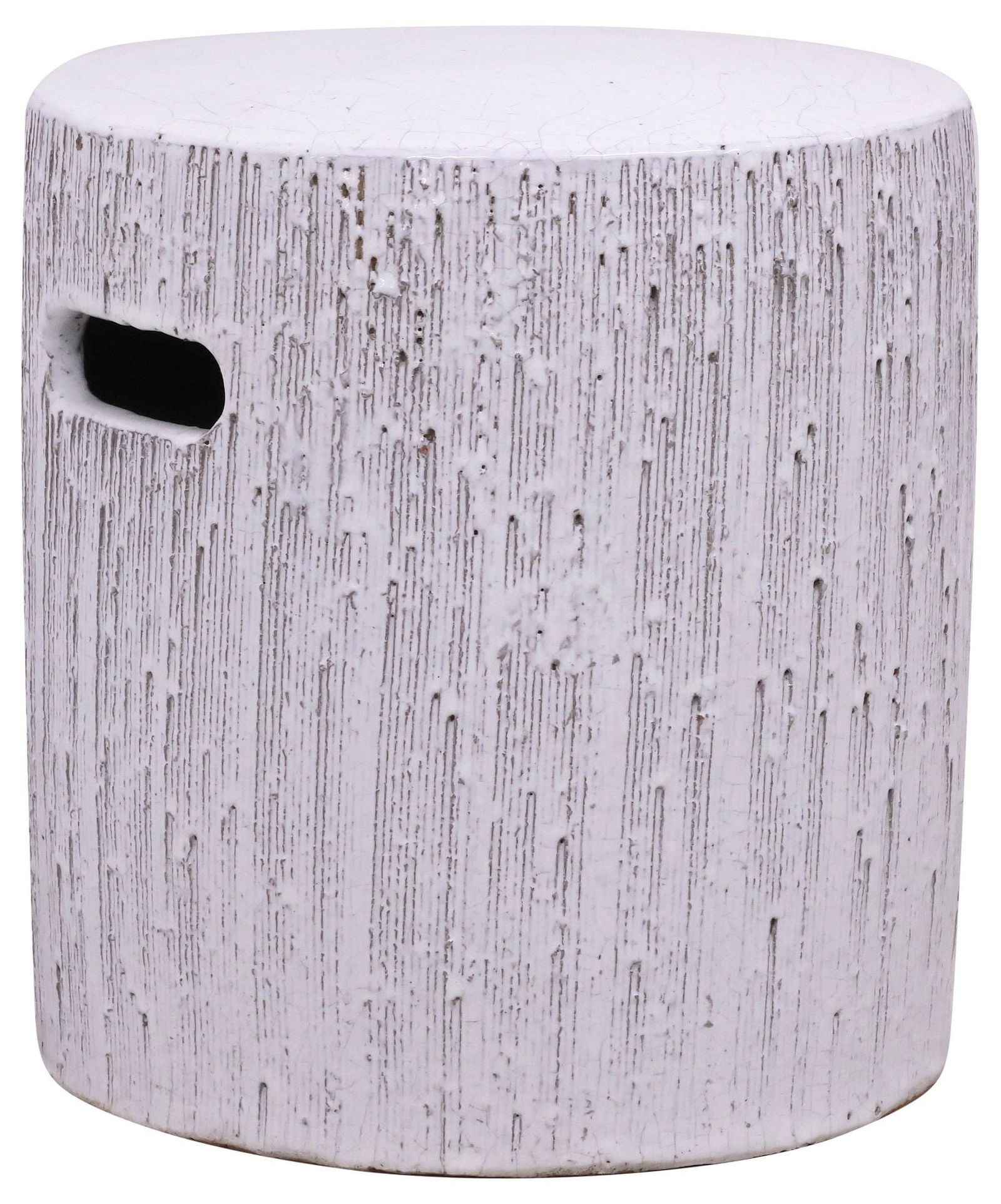 CONTEMPORARY KIEL WHITE-GLAZED STONEWARE GARDEN STOOL: Contemporary Kiel glazed stoneware garden stool, circular top over drum-form body, textured striated sides resembling tree bark, with dual handle openings, approx 16.5"h, 15"diam **Provenance: the Sta