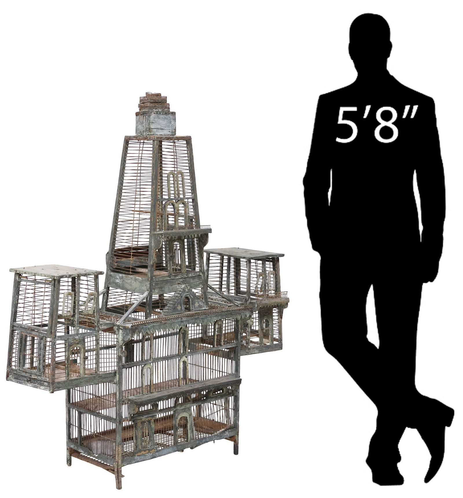 LARGE FRENCH ARCHITECTURAL PAINT-DECORATED BIRDCAGE, 46"H: Large French wood and metal wire architectural birdcage, 19th c., in a green painted finish, having upper tower with central beam and removable tray, over wide rectangular body with protruding extensi