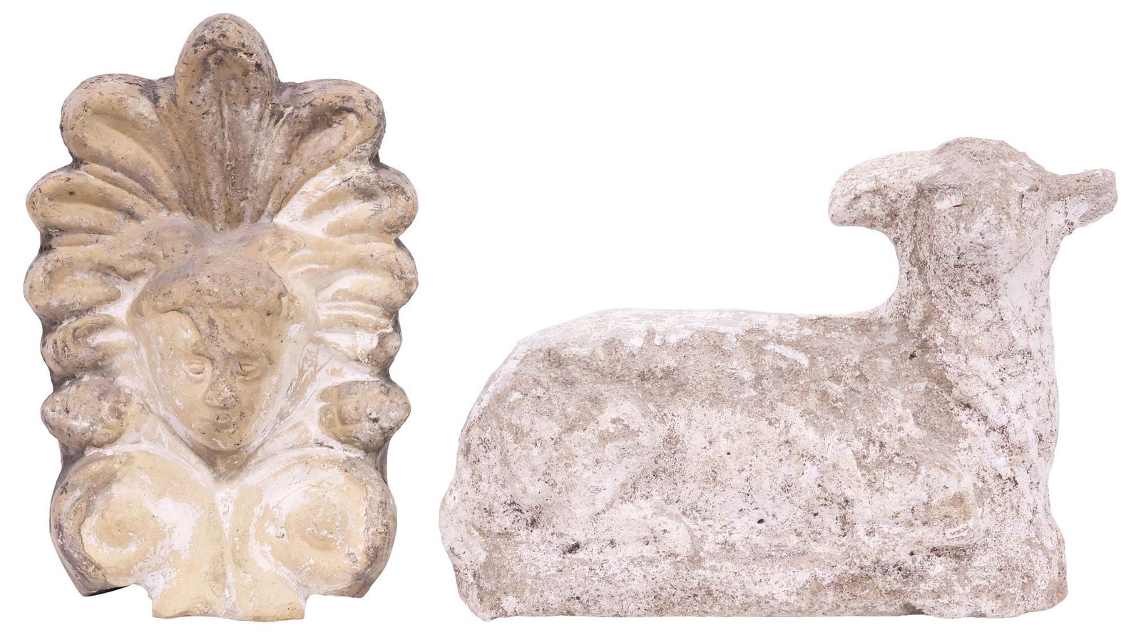(2) GARDEN ORNAMENTS, ETRUSCAN STYLE ANTEFIX BLOCK & CAST STONE LAMB: (lot of 2) Cast outdoor patio or garden ornaments, including: (1) Etruscan style earthenware antefix or architectural roof tile terminal, with fanned palmette and scrolled capital, centering figural m