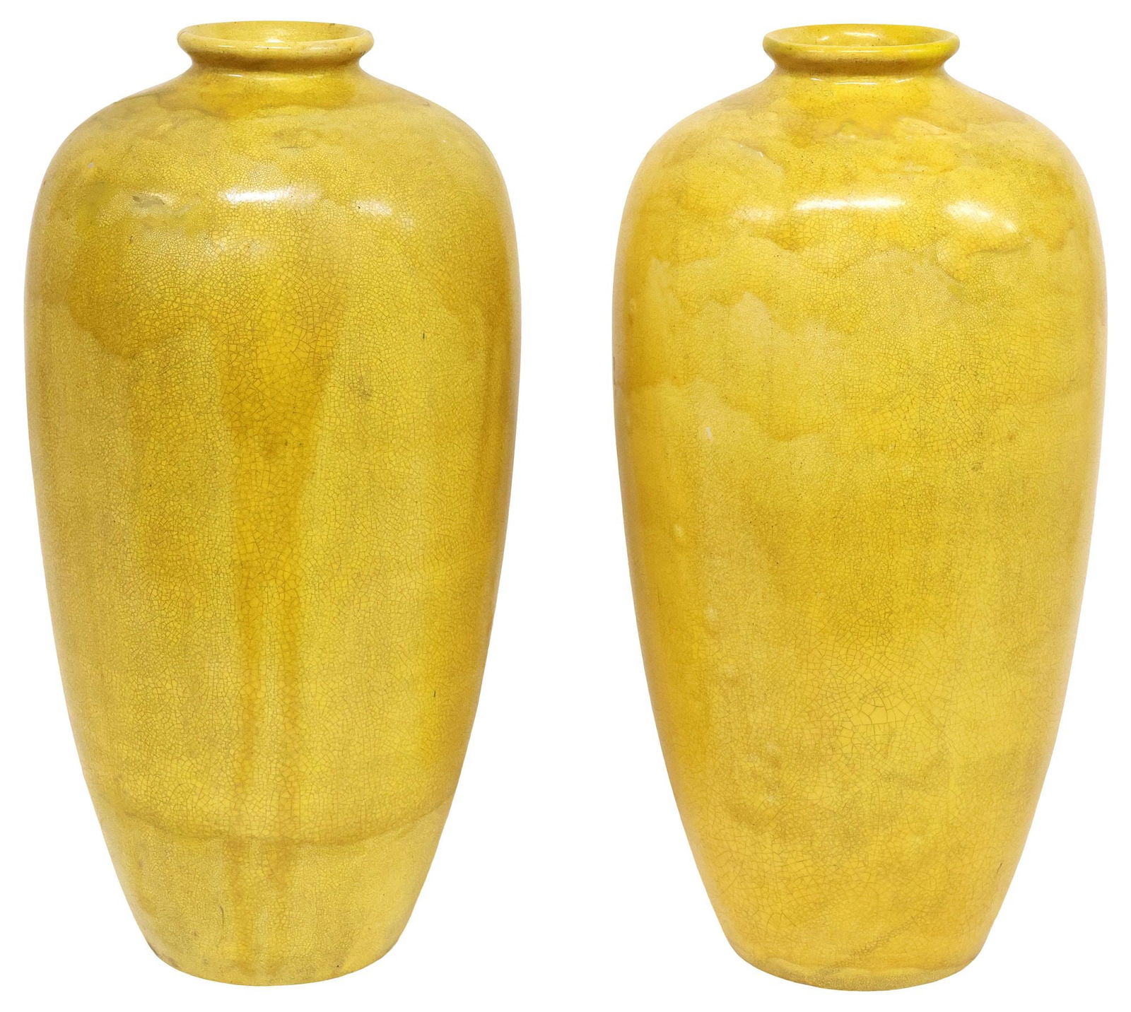 (2) LARGE CHINESE YELLOW CRACKLE-GLAZED EARTHENWARE VASES, 19.75"H (1 of 5)