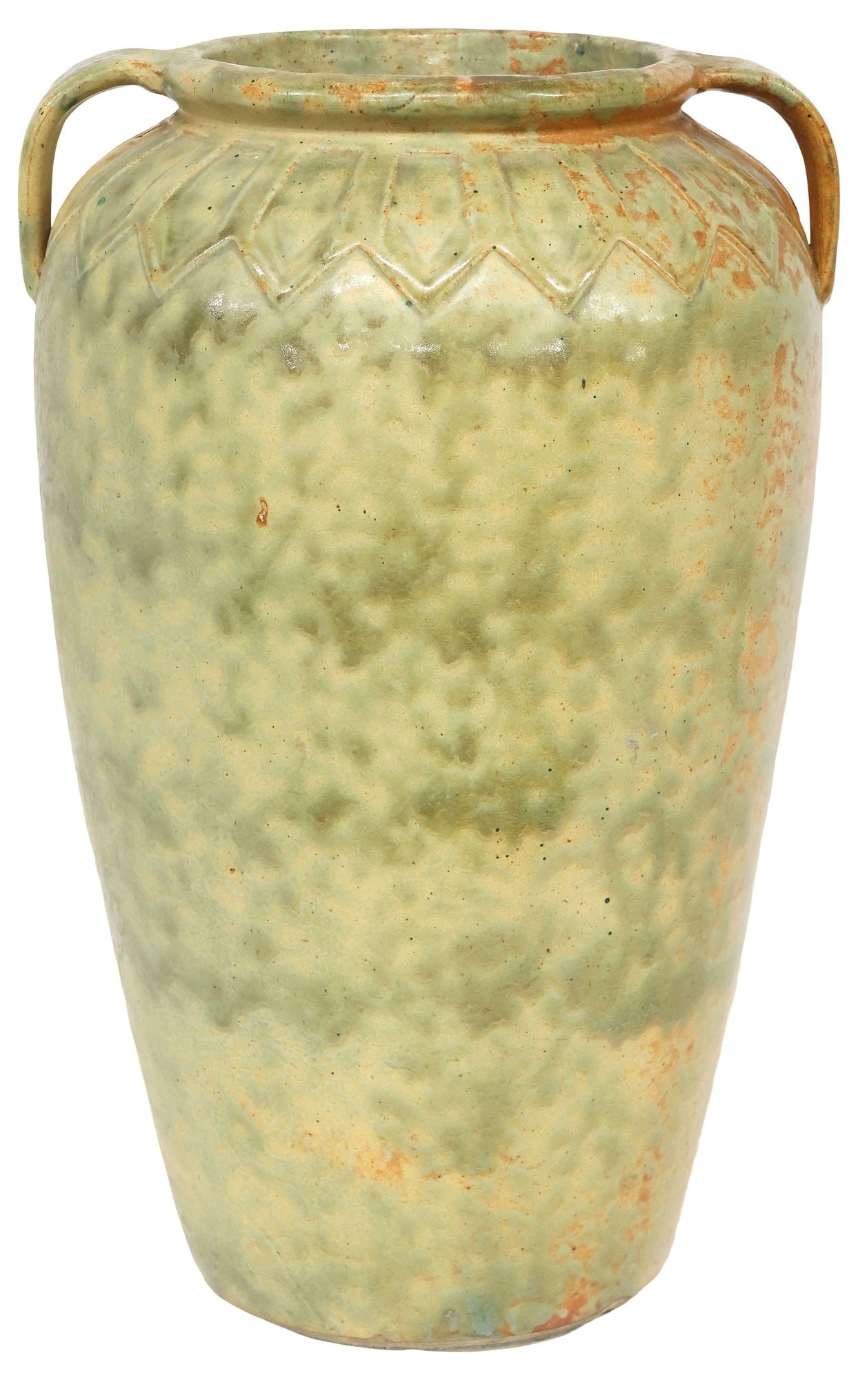 LARGE MOTTLED GREEN GLAZED CERAMIC AMPHORA-STYLE VASE, 19.75"H: Large amphora-form ceramic vase, with dual handles and geometric motif trim, over tapering body, in a mottled two-toned green glaze, approx 19.75"h, 13"diam, 24lbs **Provenance: the Stanley Family's f