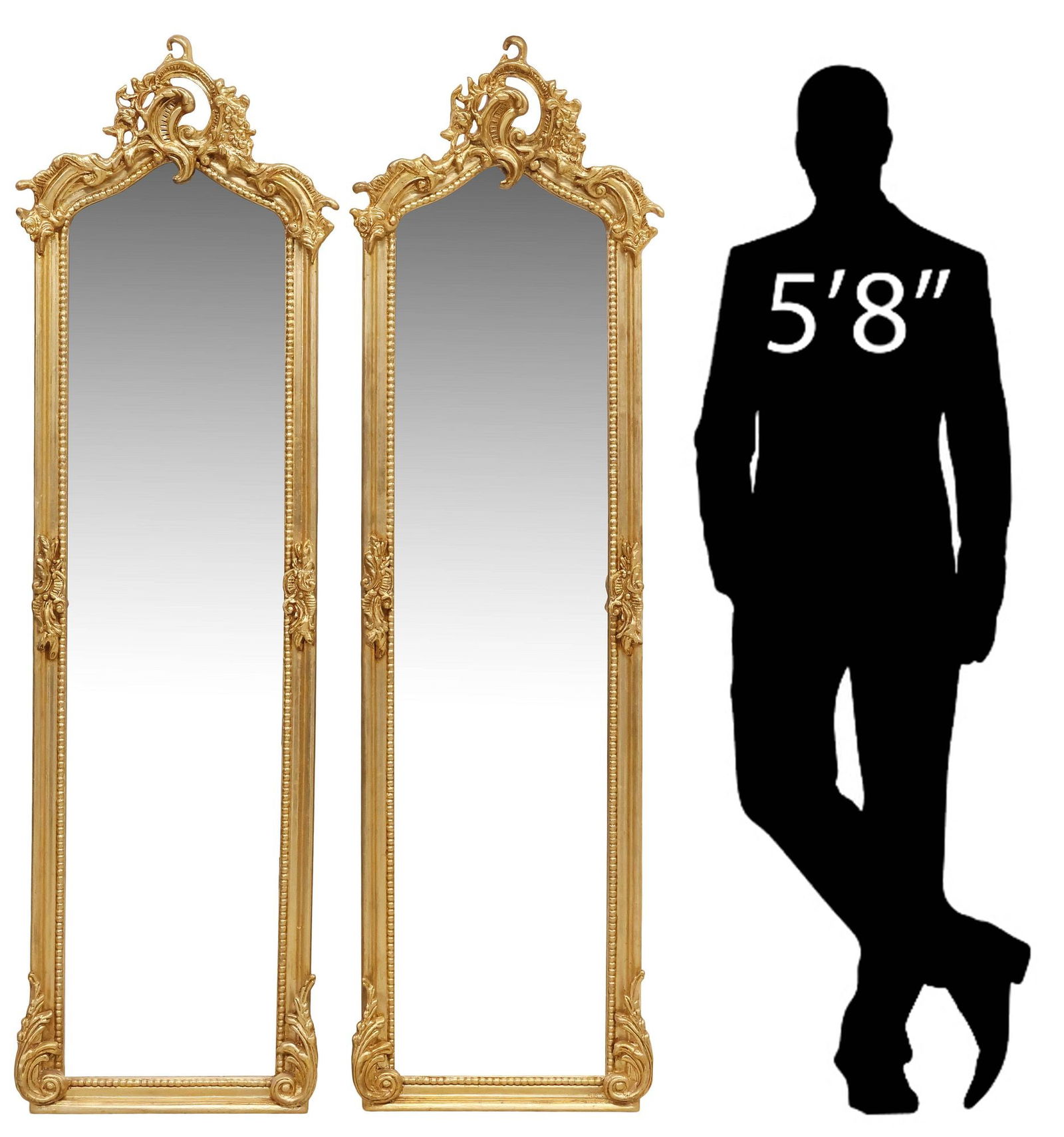 (2) LOUIS XV STYLE GILT ROCAILLE PIER MIRRORS, 69.5"H: (pair) Louis XV style gilt composite pier mirrors, 21st c., having pierced rocaille crest, shaped frame with beaded trim and foliate motifs, encasing beveled mirror plate, approx 69.5"h, 20.5&quo