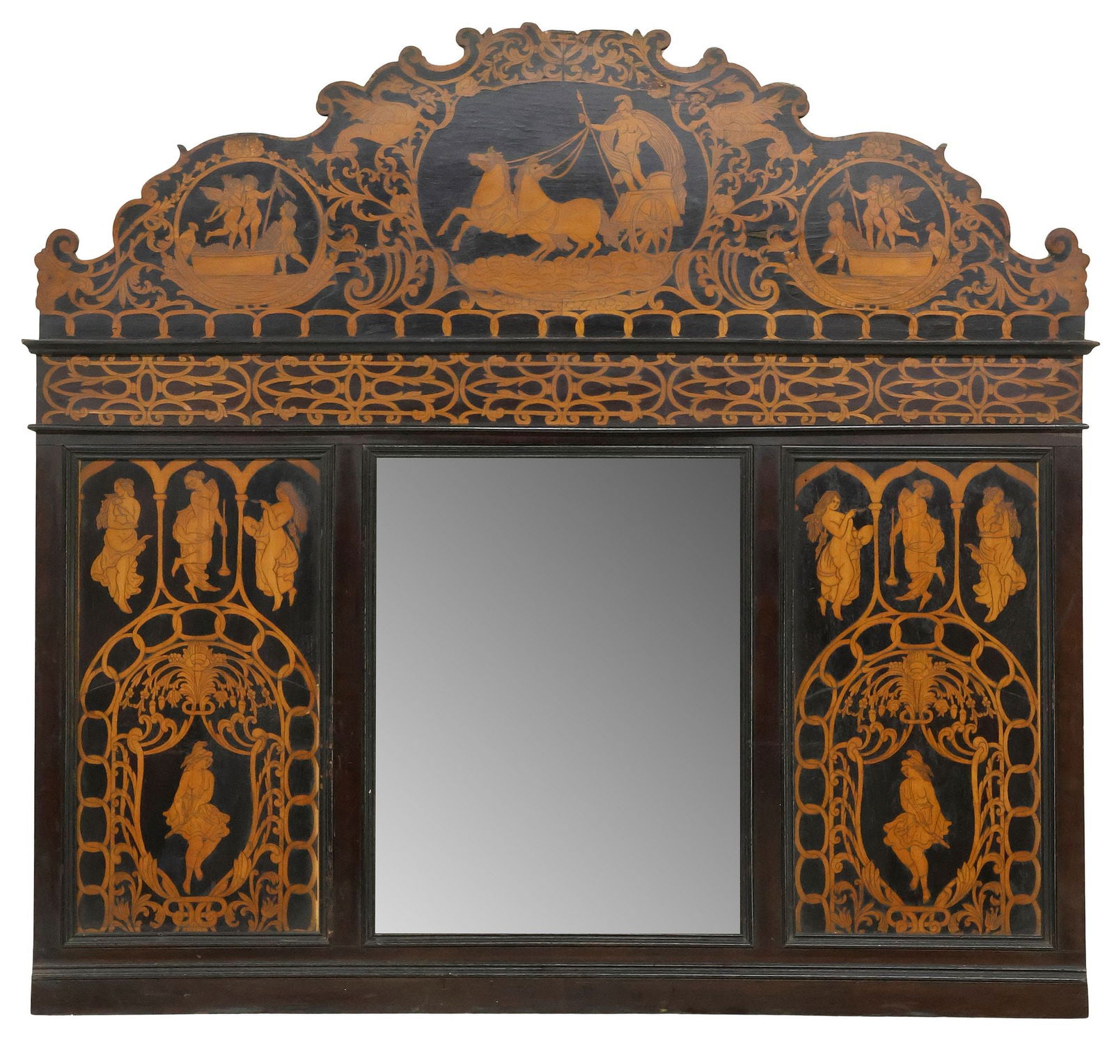 ITALIAN NEOCLASSICAL MAGGIOLINI STYLE MARQUETRY INLAID MIRROR: Italian Neoclassical style marquetry-inlaid wall mirror, in the manner of Giuseppe Maggiolini (Italian, 1738-1814), early 20th c., central cartouche with horse-drawn chariot, framed by winged cherubs