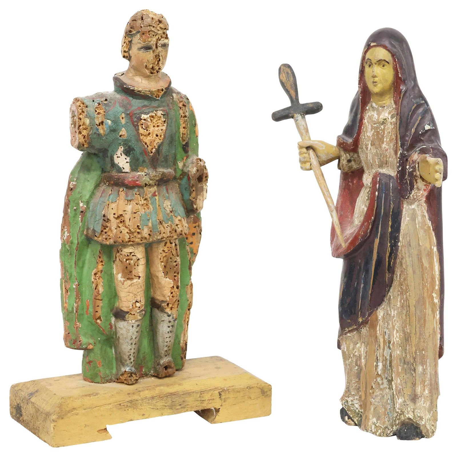 (2) SPANISH COLONIAL FOLK ART 'SANTOS DE PALO' FIGURES, ST LUCIA & JUDE OF THADDEUS: (lot of 2) Spanish Colonial folk art "santos de palo" religious saint figures, late 19th/ early 20th c., carved wood with gesso and polychrome paint, including: (1) Saint Lucia (Lucy), wearing a hoode