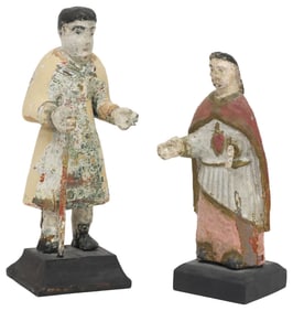 (2) SPANISH COLONIAL FOLK ART 'SANTOS DE PALO' FIGURES, 1 JESUS WITH SACRED HEART ROBE