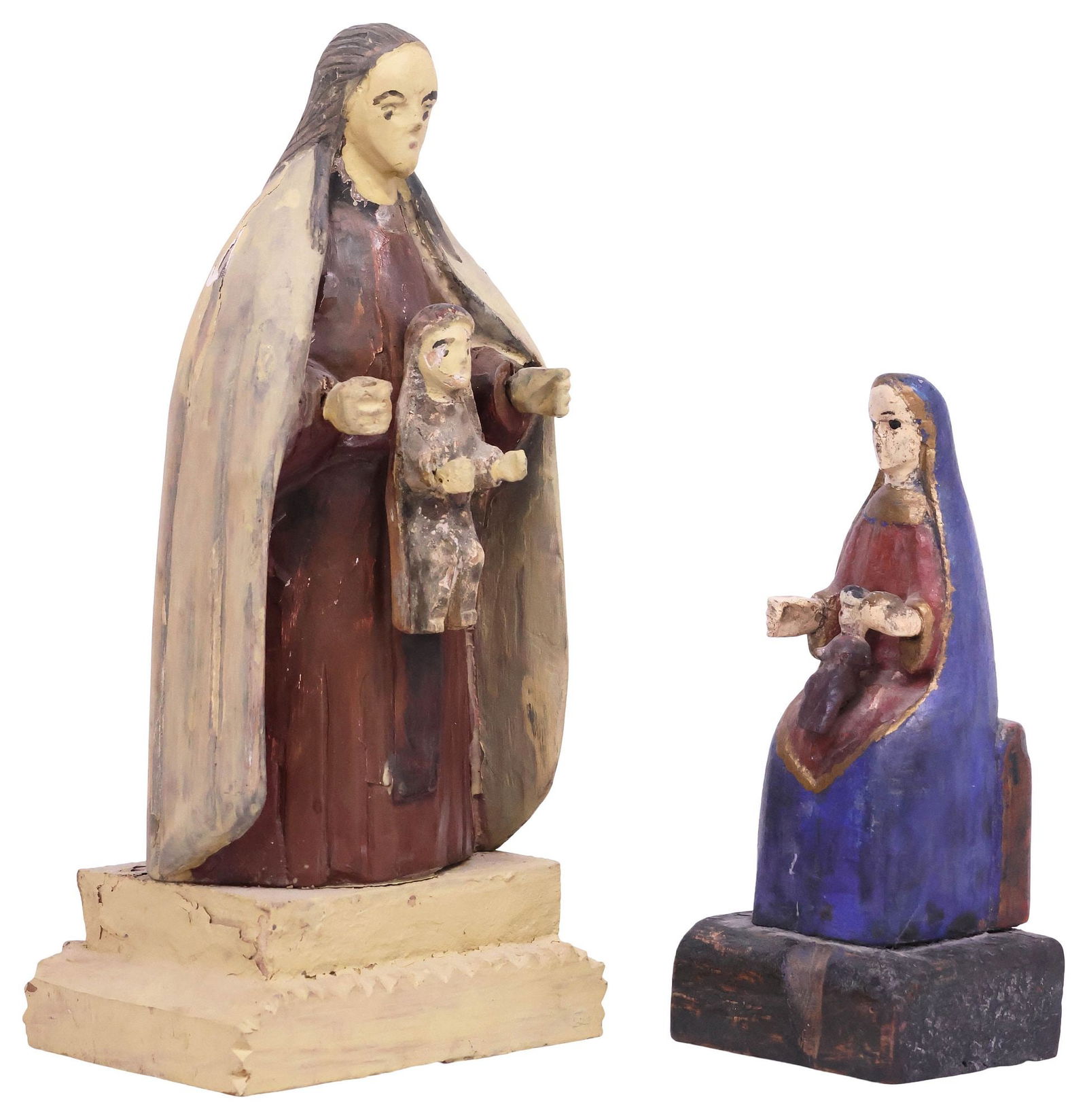 (2) SPANISH COLONIAL FOLK ART 'SANTOS DE PALO' FIGURES, 1 DOMINGO ROJAS W/ COA: (lot of 2) Folk art "santos de palo" religious saint figures, late 19th/ early 20th c., carved wood with gesso and polychrome paint, each depicted with the Christ Child, rising on platform base, inclu