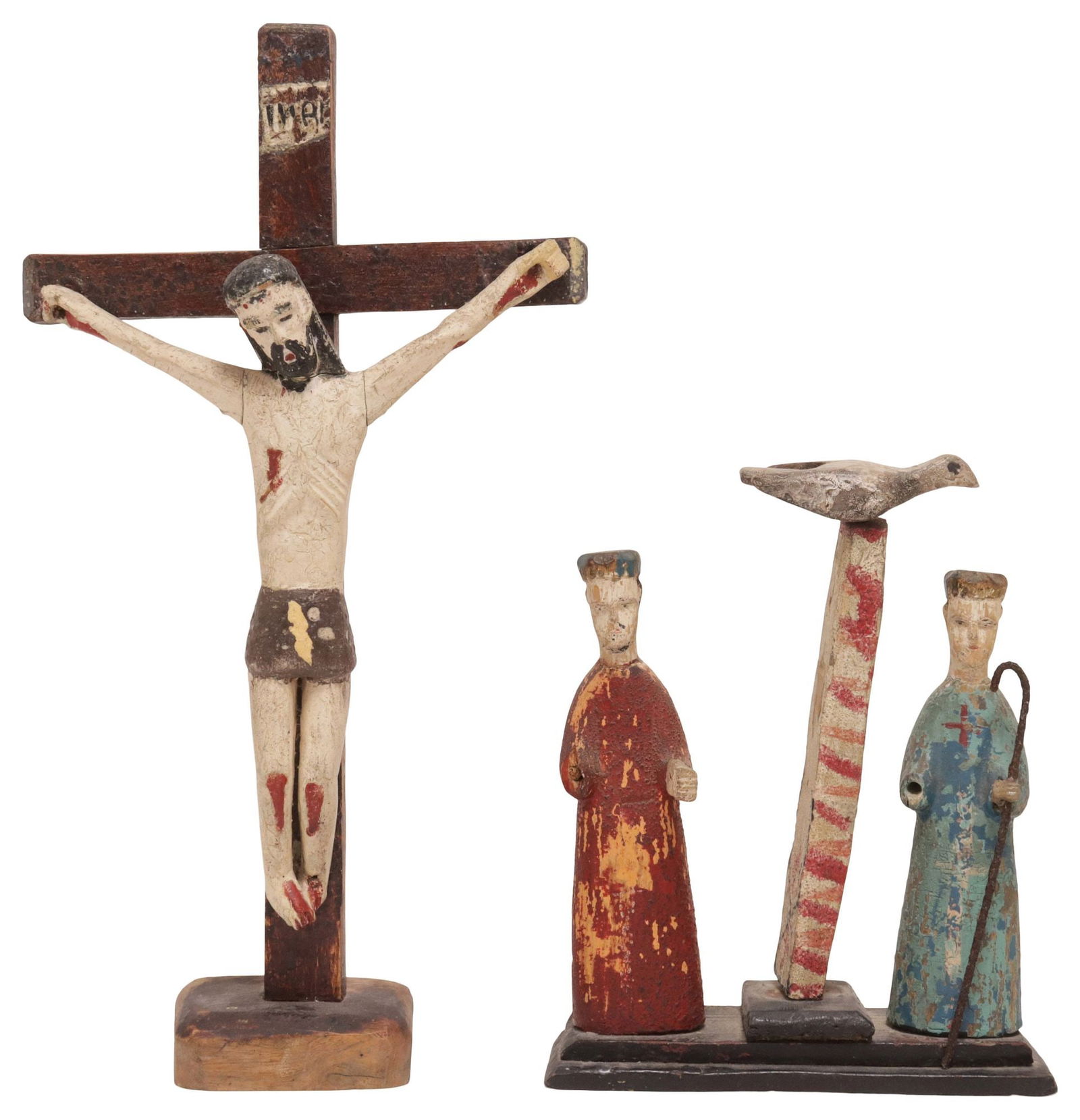 (2) SPANISH COLONIAL FOLK ART 'SANTOS DE PALO' FIGURES, 1 ZOILO CAJIGAS W/ COA: (lot of 2) Folk art "santos de palo" religious saint figures, late 19th/ early 20th c., carved wood with gesso and polychrome paint, rising on platform base, including: (1) Crucified Christ, by Zoilo
