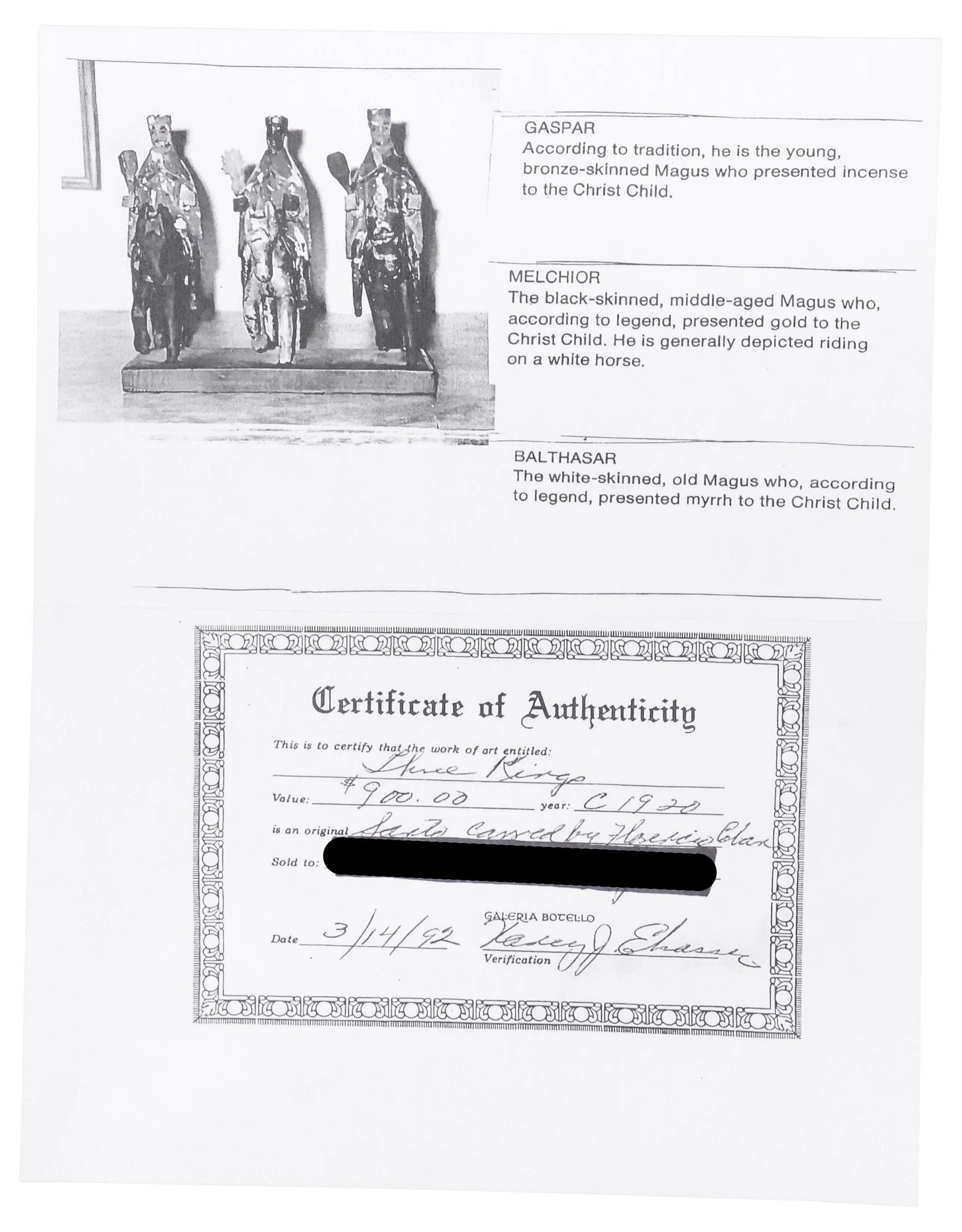 FLORENCIO CABAN (D.1951) PUERTO RICAN FOLK ART 'SANTOS DE PALO'¬†THREE KINGS, COA - 7