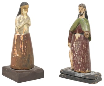 (2) CABAN FAMILY PUERTO RICAN FOLK ART 'SANTOS DE PALO' FIGURES, 1 WITH COA