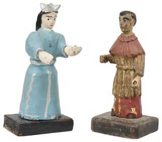 (2) PUERTO RICAN FOLK ART 'SANTOS DE PALO' FIGURES WITH COA'S, CARTAGENA & TOMAS