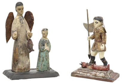 (2) PUERTO RICAN FOLK ART 'SANTOS DE PALO' FIGURES, 1 FLORENCIO CABAN W/ COA