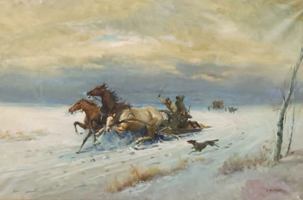 FIDENZIO DE ANGELI (ITALIAN, 20TH C.) PAINTING, RETURN FROM THE HUNT