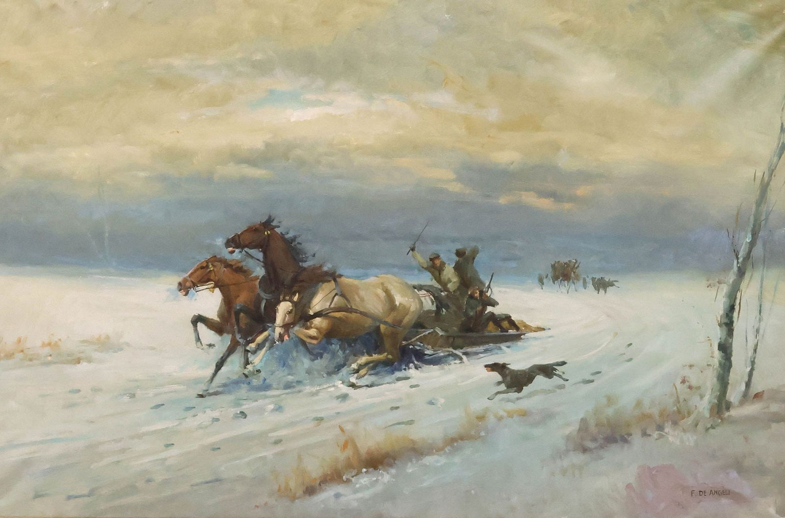 FIDENZIO DE ANGELI (ITALIAN, 20TH C.) PAINTING, RETURN FROM THE HUNT: Framed oil on canvas painting, Ritorno Dalla Caccia (Return from the Hunt), signed lower right F. de Angeli (Fidenzio De Angeli, Italian, 20th c.), retaining Istituto Nazionale d'Arte gallery label ve