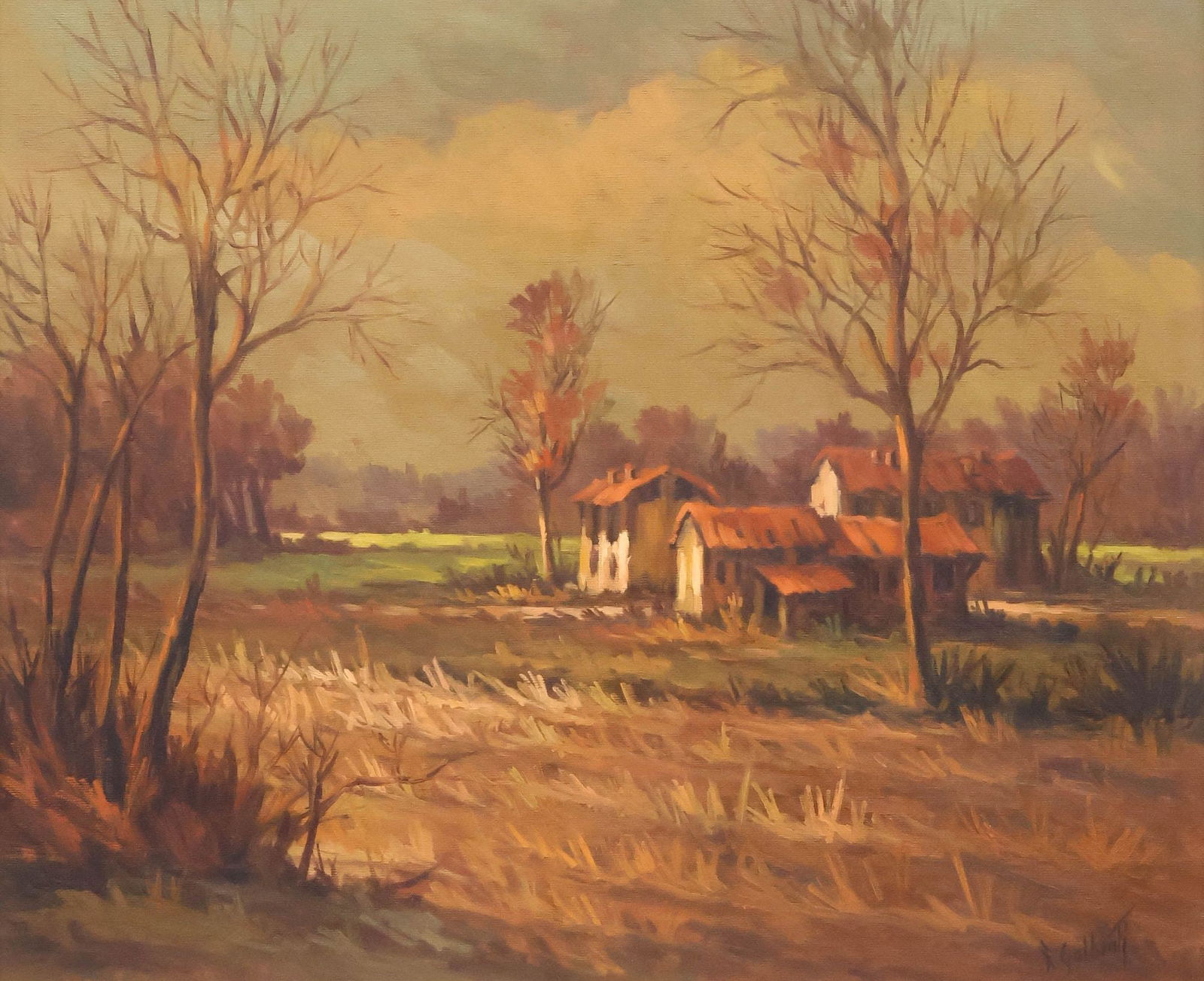 FERRUCCIO GALBIATI (ITALIAN, 20TH C.) OIL PAINTING, AUTUMN LANDSCAPE: Framed oil on canvas painting, "Paesaggio d'Autunno con Campo di Arbitri di Mais (Autumn Landscape with Corn Field)," signed lower right F. Galbiati (Ferruccio Galbiati, Italian, 20th c.), titled and