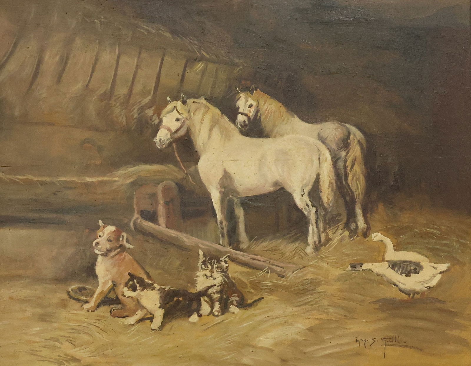 ANGELO SILVIO GALLI (ITALIAN, D.1933) PAINTING, FARMYARD ANIMAL SCENE: Framed oil on panel painting, Barn Animals at Mealtime, signed lower right Ang. S. Galli (Angelo Silvio Galli, Italian, 1870-1933), sight: approx 15.25"h, 19.25"w, overall: approx 22"h, 25.75"w, 5lbs