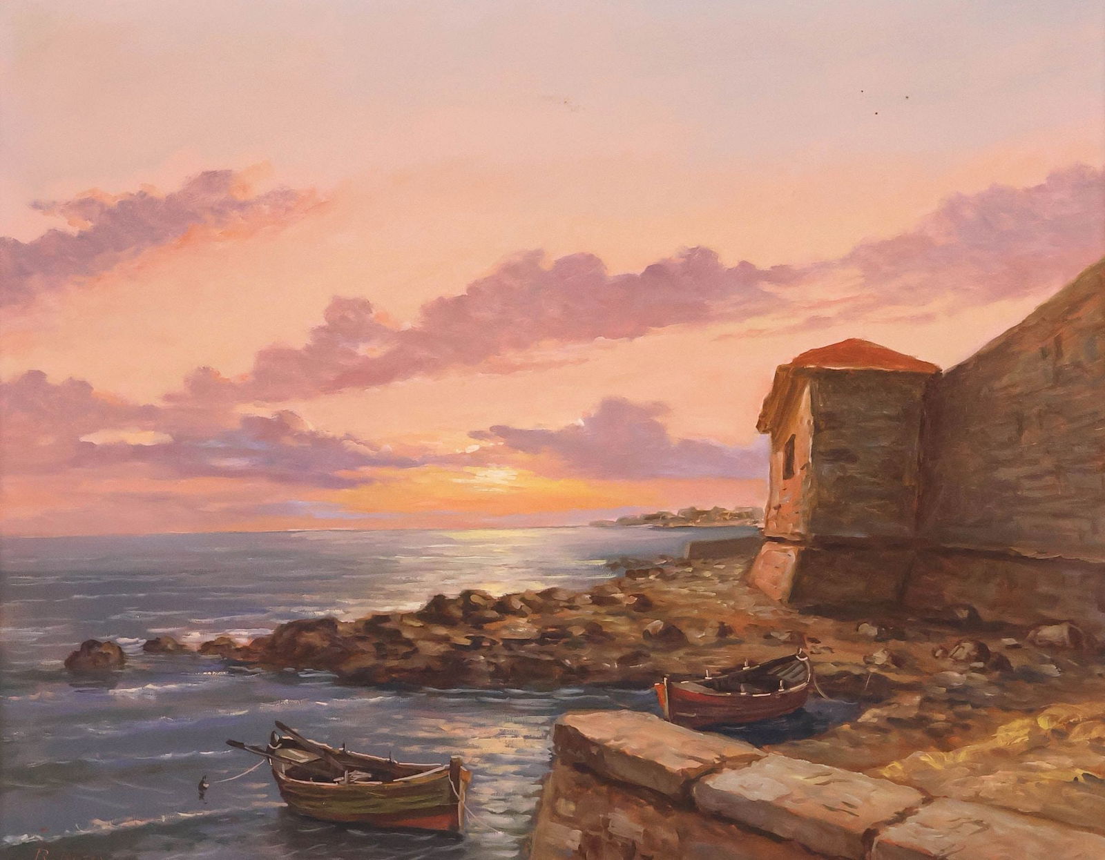 ROSSI ROBERTO (ITALIAN, 20TH C.) PAINTING, SUNLIT SEASCAPE WITH SAILBOATS: Framed oil on canvas painting, "Tranditto sul Mare con Livorno (Transferred by Sea to Livorno), signed lower left R. Rossi (Rossi Roberto, Italian, 20th c.), titled and dated 1974 with additional arti